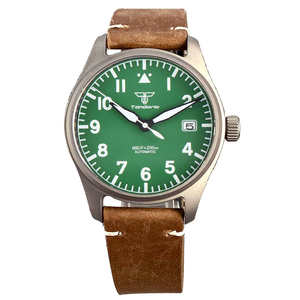 Tandorio Men Vintage Titanium <span class=keywords><strong>Pilot</strong></span> Watch 39mm Silver Dial Movimiento automático 200M Impermeable Correa de cuero marrón - Product Image 6