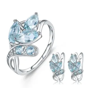 925纯银叶形天然天蓝色托帕石耳环戒指套装珠宝