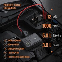 Démarreur de voiture Boltpower 1000A avec compresseur d'air, 10400mAh, booster de batterie portable 4-en-1, gonfleur de pneus, batterie externe