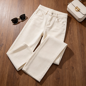 Jeans da Donna a Vita Alta e Gamba Larga, Elasticizzati, Color Crema <span class=keywords><strong>Ecru</strong></span>, Pantaloni in <span class=keywords><strong>Denim</strong></span> Baggy, Streetwear Minimalista, Vestibilità Comoda in Cotone - Product Image 5