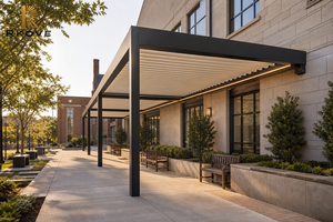 Pérgola de aluminio con motor y persianas ajustables RKOVE, montada en la pared, para pasillos comerciales, patios y terrazas, con luz LED para oficinas, hoteles y sombra exterior. - Product Image 5