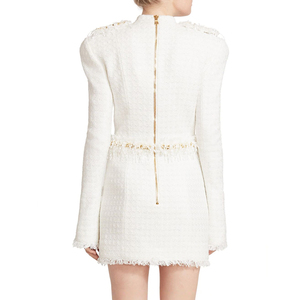 Abito Mini Invernale <span class=keywords><strong>Bianco</strong></span> con Catena, Spalle Imbottite, Maniche Lunghe in Tweed, <span class=keywords><strong>Vestito</strong></span> Casual da Ufficio - Product Image 5