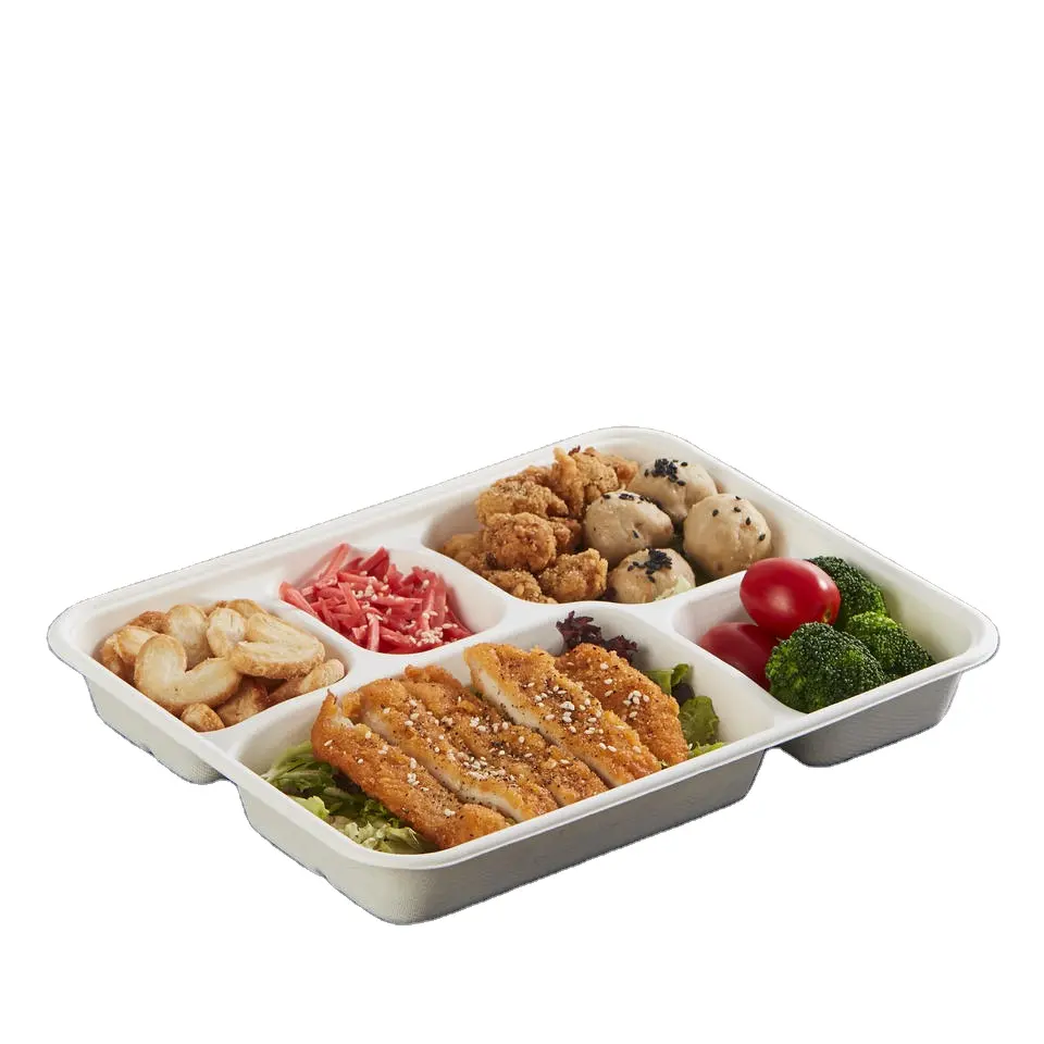 PFAS नि: शुल्क 100% खाद 5 डिब्बे डिस्पोजेबल प्लेटों के लिए 11*8.6 इंच खोई दोपहर के भोजन के ट्रे प्लेटें स्कूल दोपहर के भोजन के बुफे