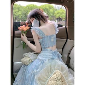 Robe d'été décontractée à imprimé floral, dos nu, coupe trapèze, longueur ras du sol, épaules dénudées, en polyester/coton, taille élastique, à volants - Product Image 3