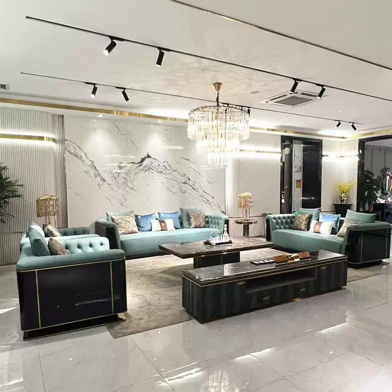 Luxury Sofa Set Furniture Blue Fabric Living Room Sofas Wooden Frame ...