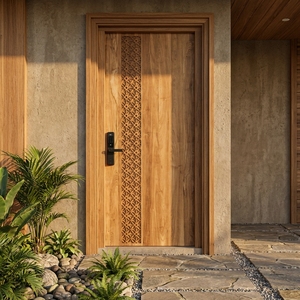 Une porte moderne et minimaliste en bois massif, dotée d'un motif géométrique vertical sculpté et d'une serrure intelligente avancée. - Product Image 5