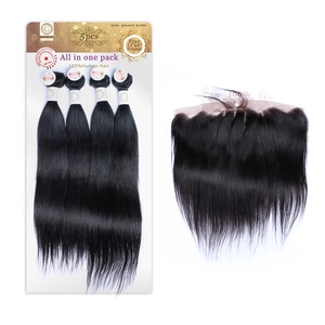 แพ็คเกจผมตรง 100% ผมแท้ 4 มัด และหนึ่งชิ้นแบบ Frontal หนึ่งชุด น้ำหนัก 250 กรัม สำหรับทำผมเต็มศีรษะ - Product Image 1