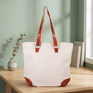 Sac fourre-tout en toile avec poignées et coins en cuir, grande taille, sac de courses quotidien, fabriqué au Bangladesh - Product Image 3