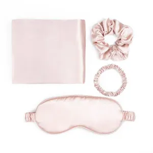 Wholesale custom satin silk pillow case gift set with satin eye mask and satin scrunchie pillowcase silk sleep set