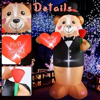 Ours gonflable romantique décoratif pour la Saint-Valentin dans un costume, tenant un bouquet de fleurs en forme de cœur avec lumières LED