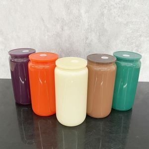 Custom logo Autumn Winter Solid Color 16oz Cream Colored Glass Can With <b>Plastic</b> Lid for Vinyl - Product Image 2