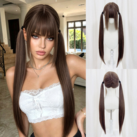 Perruque synthétique longue à deux queues, marron 30 pouces avec frange, queue de cheval pré-nouée, perruque cosplay pour femme, approvisionnement direct usine