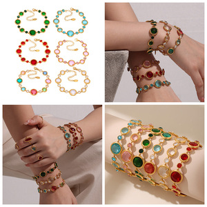 高品質18K金メッキステンレススチール製レディースチェーンリンクブレスレット、カラフルなガラスストーンのクラウン模様、完璧な贈り物 - Product Image 4