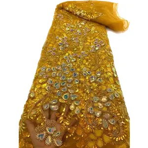 激光薄膜亮片金色尼日利亚蕾丝面料质量非常好非洲珠子刺绣面料