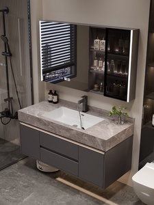 Meuble de salle de bain mural intelligent avec miroir, style moderne, en dalle de roche imperméable et résistante à l'humidité - Product Image 4