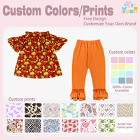 Ensemble 2 pièces pour filles : Haut à volants épaules dénudées imprimé citrouille et leggings à volants orange – Tenue pour enfants pour Thanksgiving et Halloween