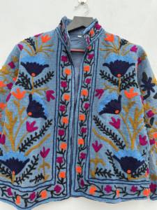 Vêtements d'hiver pour femmes manteau extérieur multicolore broderie coton Suzani à la main manches longues ouvert avant veste imprimé polaire - Product Image 6