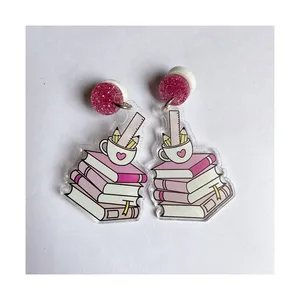 Pink Cute Books Pattern Design Acrylic Earrings Custom Design Bulk Wholesale Small Earrings NO MOQ OEM service