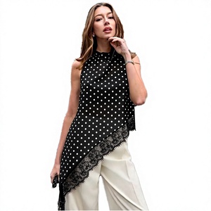 Custom Women's <b>Asymmetric</b> Polka Dot Chiffon Sleeveless <b>Top</b> Lace <b>Hem</b> | Stand Regular Fit Tank Blouse | Casual Spring Button - Product Image 2