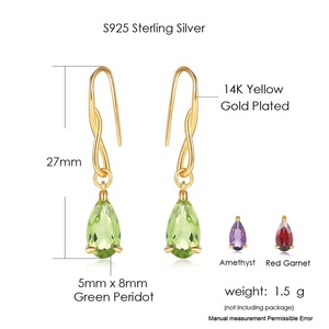 Gioielli Raffinati Orecchini Pendenti in <span class=keywords><strong>Oro</strong></span> Giallo 14K e Argento Sterling 925 con Gemme Naturali Granato Peridoto Cristallo Viola EI076-M - Product Image 6