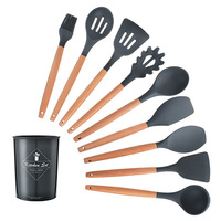 Ensemble d'ustensiles de cuisine en silicone antiadhésifs avec spatule et pelle, manche en bois, accessoires de cuisine écologiques
