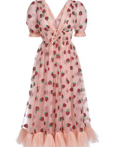 2025 estate elegante abito Midi da sera personalizzato con maniche a sbuffo Tulle <span class=keywords><strong>fragola</strong></span> dorato per festa - Product Image 1