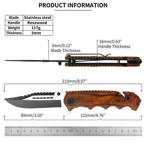 Couteau de poche pliable tactique de survie EDC de haute qualité en acier inoxydable avec manche en bois, brise-vitre et coupe-ceinture - Product Image 4