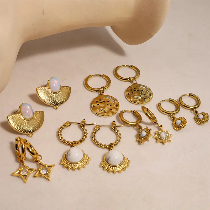 Vintage 14k Gold Plated Huggie Earrings Natural Stone Star Moon Earring Stainless Steel Statement Earrings Jewelry for Women