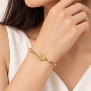 Beaded Oval <b>Medallion</b> Bracelet , Stainless Steel, 18K <b>Gold</b> Vacuum Plated, <b>Gold</b> Tone, 170mm + 40mm - Product Image 5