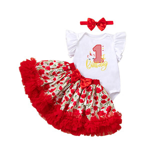 Set coordinato per il mio primo compleanno, body con maniche a volant per bambina, gonna con volant, fascia per capelli, completo da festa per bambini - Product Image 1