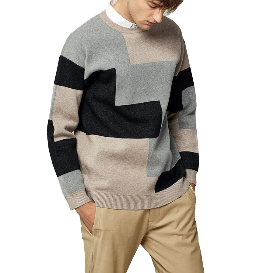Men Japanese style color block stitching knitted trendy sweater