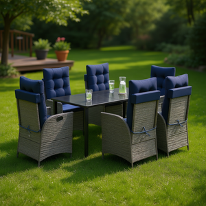 Set da pranzo da giardino in rattan blu navy e grigio, 6 posti, mobili da esterno resistenti alle intemperie, design contemporaneo - Product Image 2