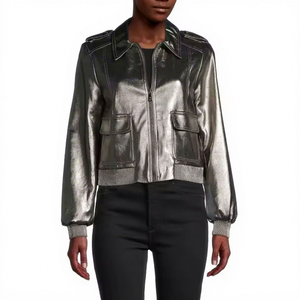 Womens Real Metallic <b>Silver</b> Leather <b>Jacket</b> Point Collar Flap Pockets Sheepskin Ribbed Hem Bomber Coat Custom Winter Outerwear - Product Image 1