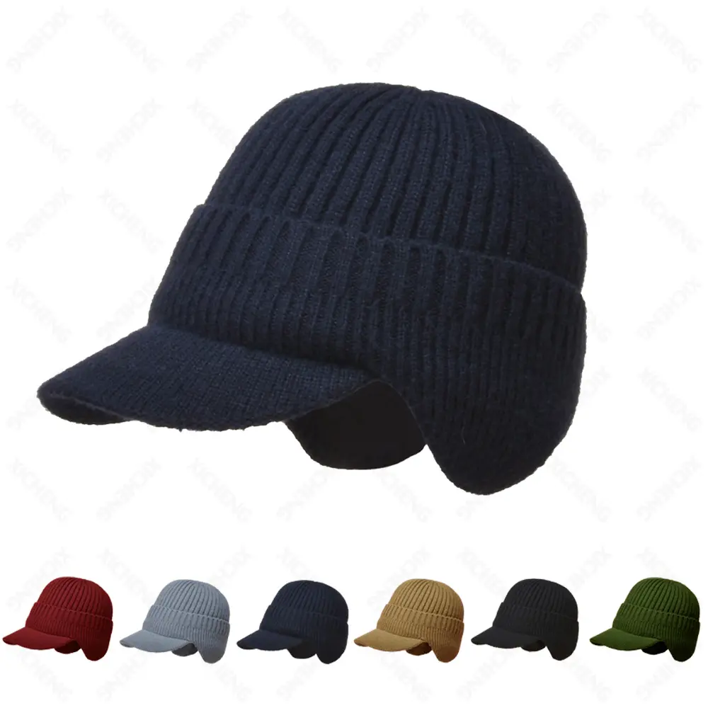 Moda uomo inverno ciclismo protezione per le orecchie calore cappello da sci con visiera Logo personalizzato paraorecchie in maglia con orecchie berretti