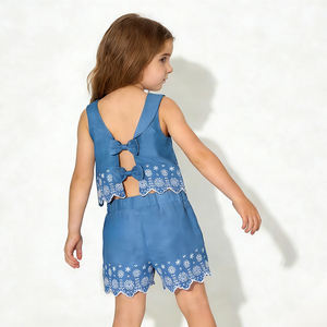 2026 Spring/Summer New Arrival Fresh Light Blue Lace Embroidery Sleeveless Backless Bow Two-piece Set Breathable Cute - Product Image 3