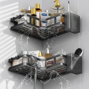 Étagère d'<span class=keywords><strong>angle</strong></span> murale triangulaire sans perçage pour salle de bain - Support de rangement en fer thermolaqué à 2 niveaux pour <span class=keywords><strong>cuisine</strong></span> et toilettes - Product Image 3