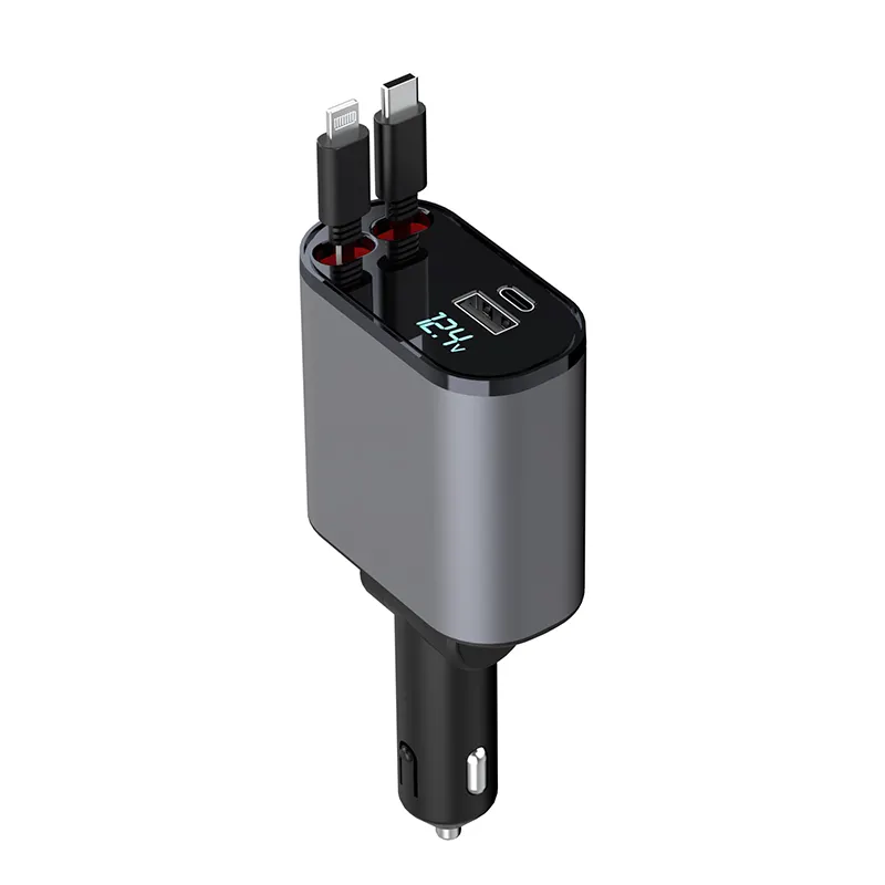 Carregador de Carro Smart DC PD 3.0 compatível com iPhone Tipo 2.1A 1.5A SCP, com tela digital LED retrátil rápida de 100 W, 4 em 1 USB