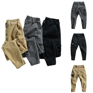 Vente chaude rétro Slim Fit Cargo pantalon hommes taille moyenne Style décontracté couleur unie taille élastique plat uni teint droit peigné - Product Image 1