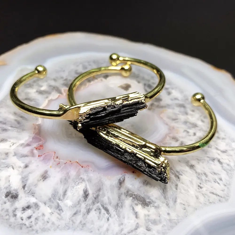 LS-A776 incrível natural turmalina preta pulseira pulseira em forma de barra de ouro cuff bangle pedra bruta handmade mais recente jóia 2020