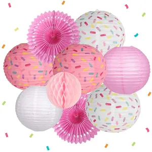 Donut Partyzubehör 9 Stück Donut Laternen Party Papierventilator Wabe-Ball hängende Papierlaterne für Babyshower Kinder Geburtstag Y485
