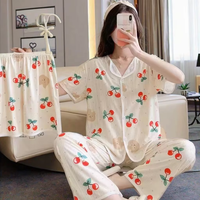 Ensemble Pyjama d'Été Élégant en Coton Trois Pièces Thermique pour Femme, Imprimé Cerises Douces, Haut Manches Courtes, Short et Pantalon de Nuit
