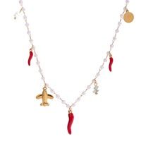 Collier tendance J&D Ocean en acier inoxydable plaqué or 18 carats avec pendentifs breloques : Vacances, Chili, Avion, Visage souriant, Perle