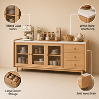 Buffet de luxe rétro moderne avec portes vitrées, placage frêne et bois d'hévéa massif, meuble de rangement pour vin et café, pour salle à manger et cuisine
