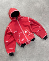 Blouson Bomber Homme Personnalisé en Denim Rouge Épais Délavé Style Streetwear avec Capuche et Fermeture Éclair, Motif Vieilli, Coupe Droite