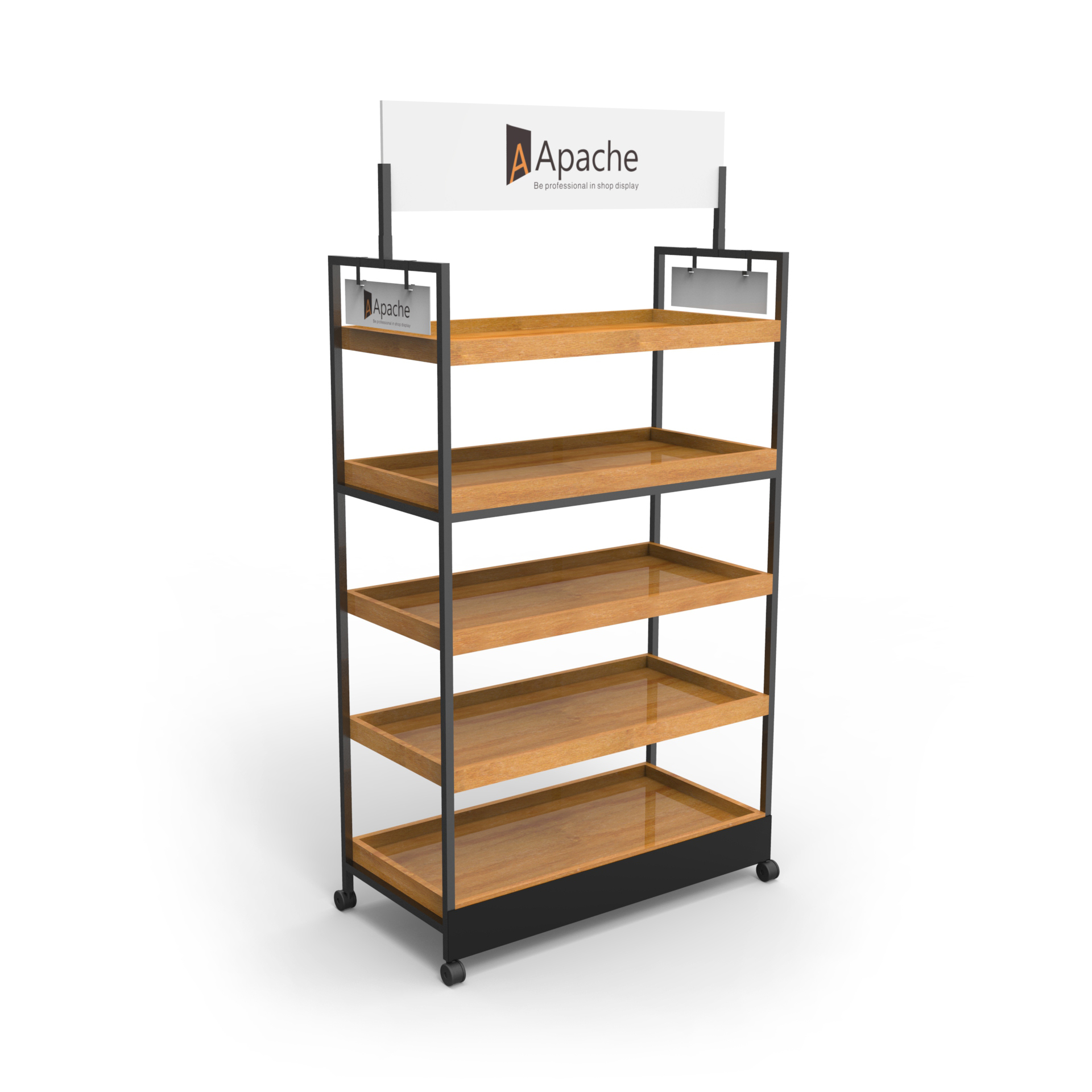 Wooden Tray Metal Salad Display Stand with Wheels for Stores
