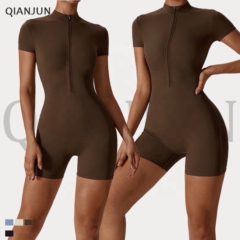 Wholesale Plus Size Short Sleeve Zipper Rompers Gym Jumpsuit Solid Women Active Wear Sport Yoga Jumpsuit