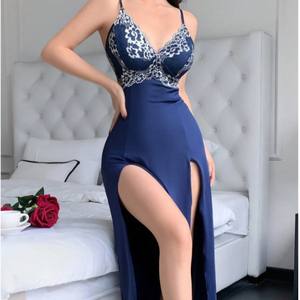 Nieuwe leuke sexy satijnen sling-nachtjapon met zijsplit, kant, print en lichte controle, dameslingerie - Product Image 4