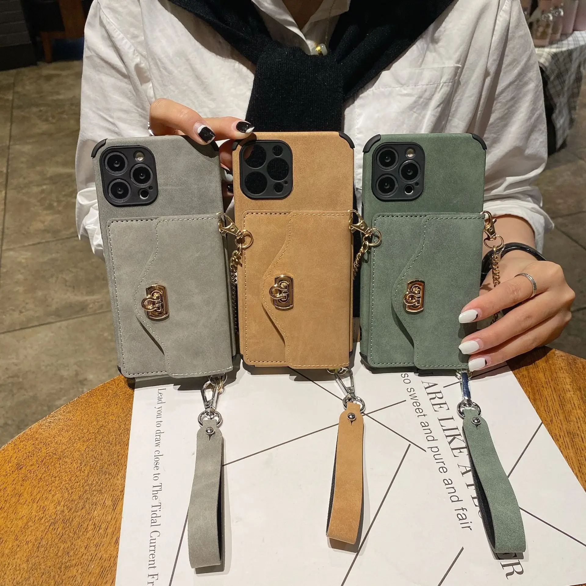 Ins — coque élégante à collier croisé pour femmes, étui de téléphone en cuir à sangle rigide, porte-cartes à poche pour iPhone 12 Pro