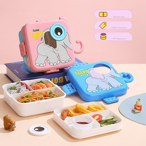 Éléphant mignon enfants double couche 3 grilles contenants alimentaires micro-ondes sans bpa en plastique écolier bento boîte à lunch avec cuillère - Product Image 2
