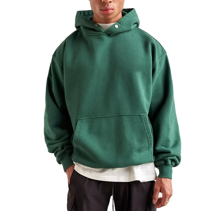 Dark Green 100 Cotton 380gsm Fleece hoody Sweatshirt boxy fit hoodies No string Hoodie with pocket for men